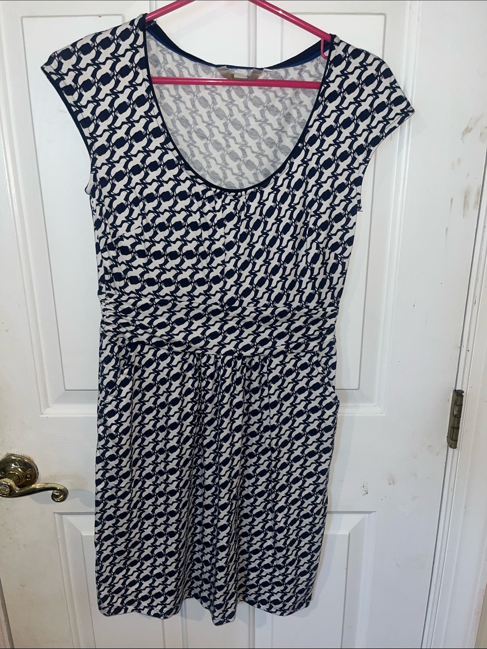 Boden Blue White Bird Print Dress 4P Petite Modal Cotton Knee Length